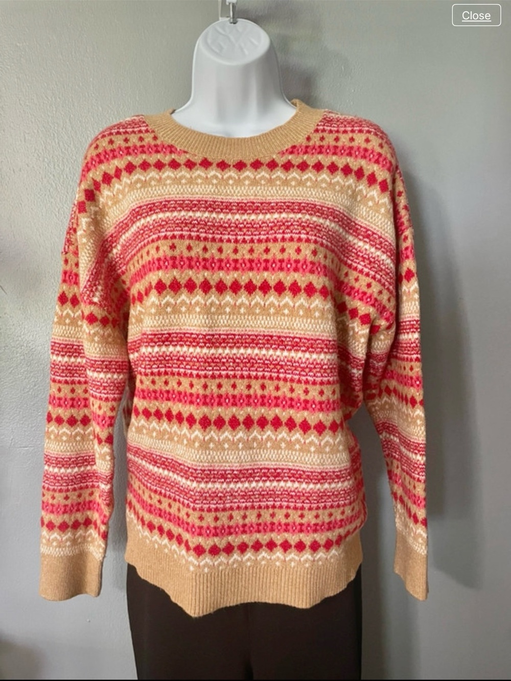 Loft Cozy Fair Isle Pullover Sweater - Coral & Beige L